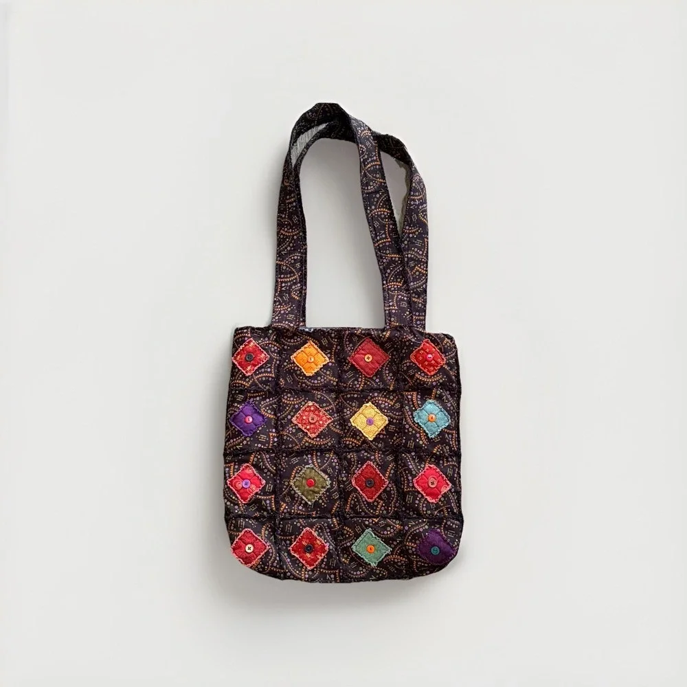Handmade Quilted Patchwork Multicolor Square Tote Shoulder Boho Bag